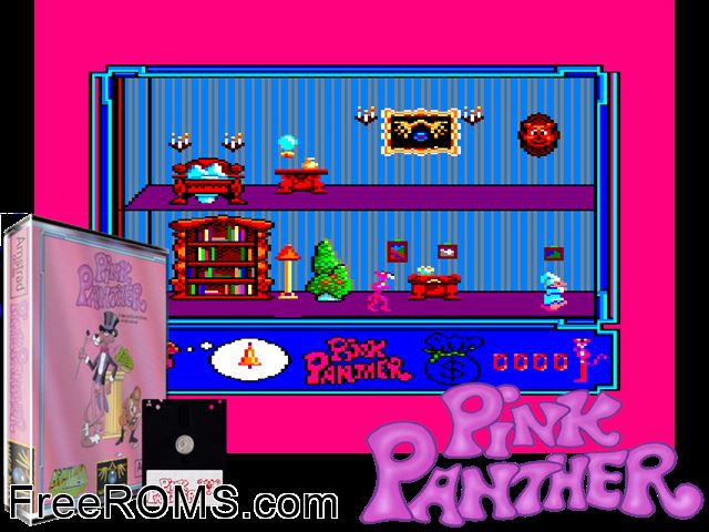 Pink Panther (UK) (1988) Amstrad CPC game showing 3D box cover and gameplay screenshot