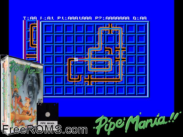 Pipe Mania (UK) (1990) Amstrad CPC game showing 3D box cover and gameplay screenshot