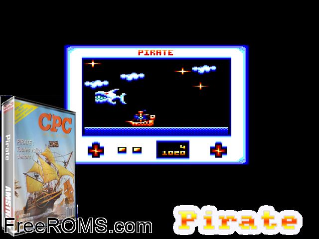 Pirate (UK) (1990) Amstrad CPC game showing 3D box cover and gameplay screenshot