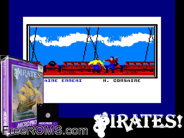 Pirates (UK) (1987) (Disk 2 of 2) Amstrad CPC game showing 3D box cover and gameplay screenshot
