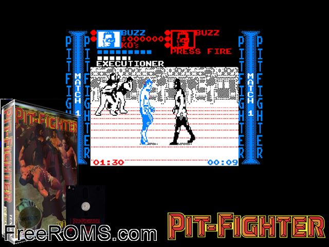 Pit Fighter (UK) (1991) Amstrad CPC game showing 3D box cover and gameplay screenshot