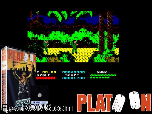 Platoon (UK) (1988) Amstrad CPC game showing 3D box cover and gameplay screenshot