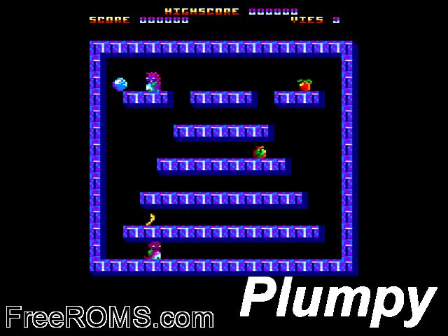 Plumpy (F) (1990) Amstrad CPC game showing 3D box cover and gameplay screenshot