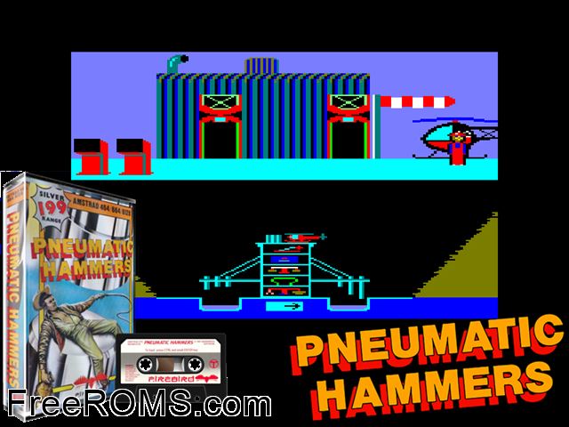 Pneumatic Hammers (UK) (1987) Amstrad CPC game showing 3D box cover and gameplay screenshot