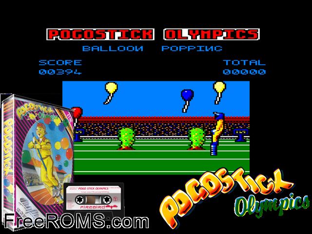 Pogostick Olympics (UK) (1987) Amstrad CPC game showing 3D box cover and gameplay screenshot