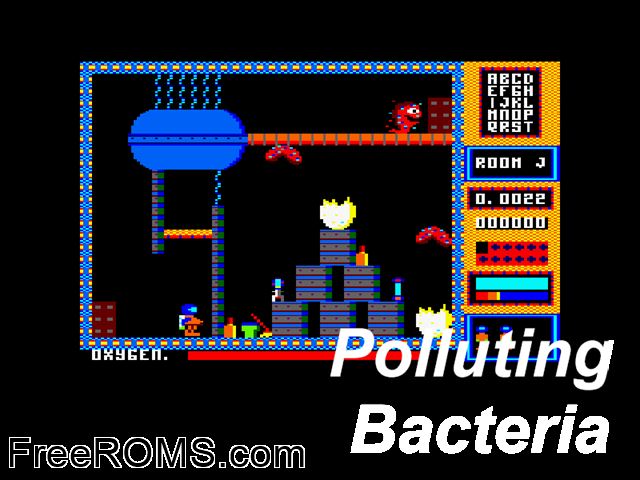 Polluting Bacteria, The (S) (1987) Amstrad CPC game showing 3D box cover and gameplay screenshot