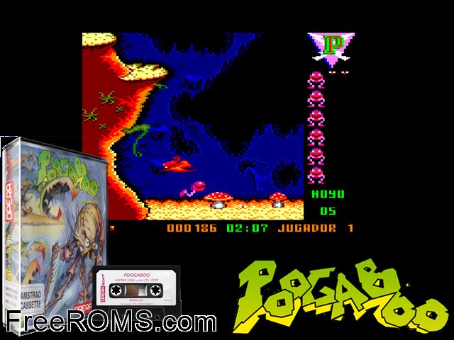 Poogaboo (S) (1991) Amstrad CPC game showing 3D box cover and gameplay screenshot