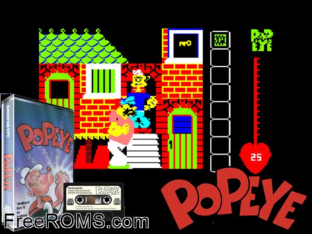 Popeye (UK) (1986) Amstrad CPC game showing 3D box cover and gameplay screenshot