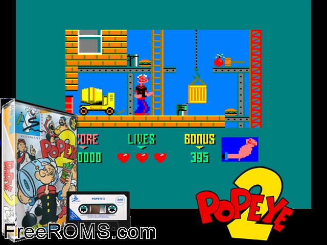 Popeye 2 (UK) (1990) Amstrad CPC game showing 3D box cover and gameplay screenshot