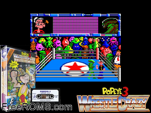 Popeye 3 (UK) (1992) Amstrad CPC game showing 3D box cover and gameplay screenshot