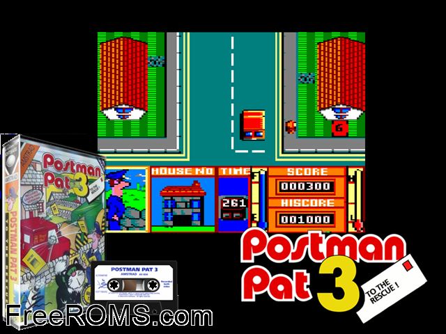 Postman Pat 3 (UK) (1992) Amstrad CPC game showing 3D box cover and gameplay screenshot