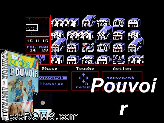 Pouvoir (F) (1986) Amstrad CPC game showing 3D box cover and gameplay screenshot