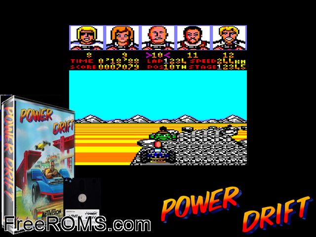Power Drift (UK) (1989) Amstrad CPC game showing 3D box cover and gameplay screenshot