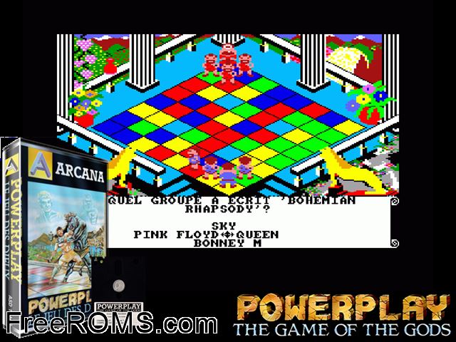 Powerplay - Game of the Gods (UK) (1986) Amstrad CPC game showing 3D box cover and gameplay screenshot