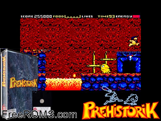 Prehistorik (UK) (1991) Amstrad CPC game showing 3D box cover and gameplay screenshot