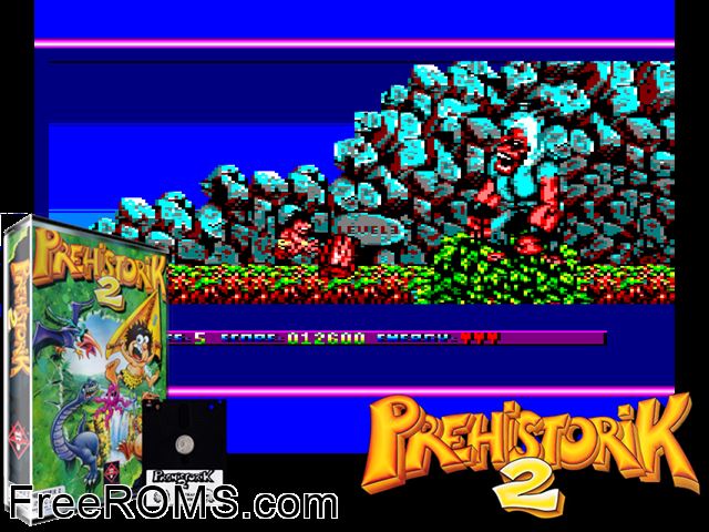 Prehistorik 2 (UK,F,G) (1993) Amstrad CPC game showing 3D box cover and gameplay screenshot