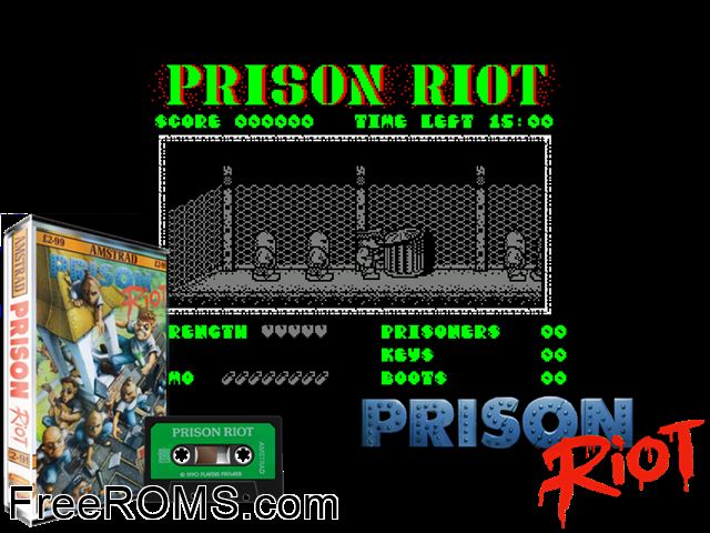 Prison Riot (UK) (1990) Amstrad CPC game showing 3D box cover and gameplay screenshot