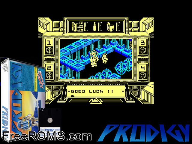 Prodigy (UK) (1986) Amstrad CPC game showing 3D box cover and gameplay screenshot