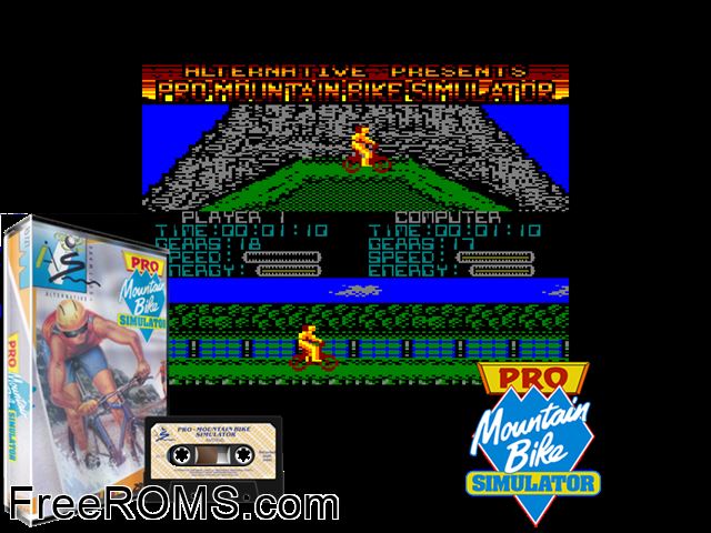 Pro Mountain Bike Simulator (UK) (1989) Amstrad CPC game showing 3D box cover and gameplay screenshot