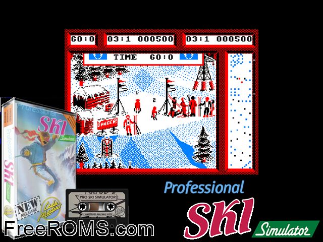Pro Ski Simulator (UK) (1987) Amstrad CPC game showing 3D box cover and gameplay screenshot