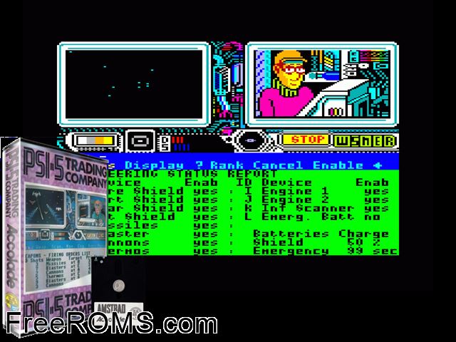PSI-5 Trading Company (UK) (1986) (Disk 2 of 2) Amstrad CPC game showing 3D box cover and gameplay screenshot