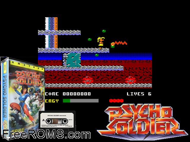 Psycho Soldier (UK) (1988) Amstrad CPC game showing 3D box cover and gameplay screenshot