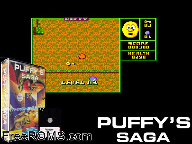 Puffy's Saga (UK) (1989) (Disk 2 of 2) Amstrad CPC game showing 3D box cover and gameplay screenshot