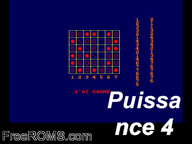 Puissance 4 (F) (1985) Amstrad CPC game showing 3D box cover and gameplay screenshot