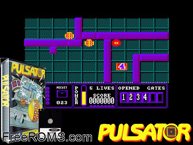 Pulsator (UK) (1987) Amstrad CPC game showing 3D box cover and gameplay screenshot