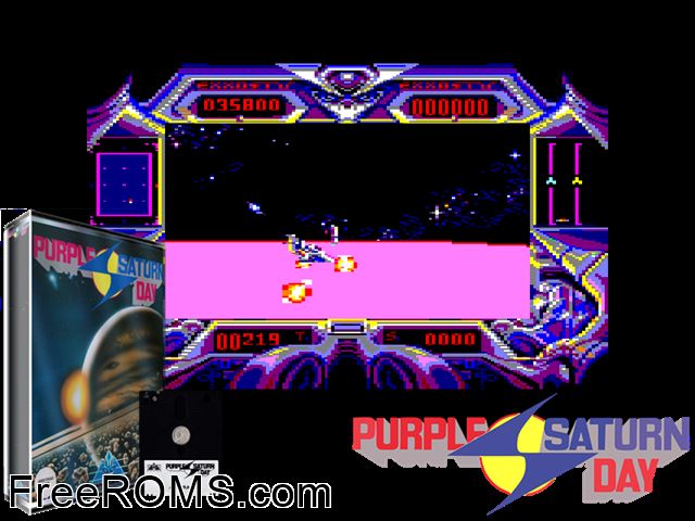 Purple Saturn Day (UK) (1989) Amstrad CPC game showing 3D box cover and gameplay screenshot
