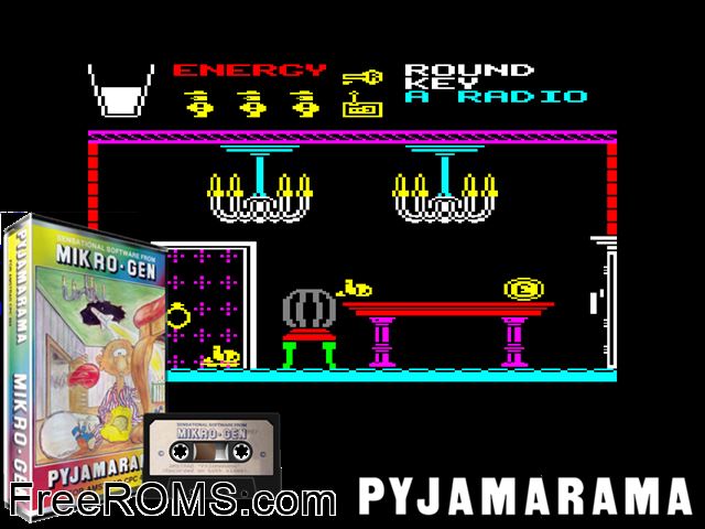 Pyjamarama (UK) (1985) Amstrad CPC game showing 3D box cover and gameplay screenshot