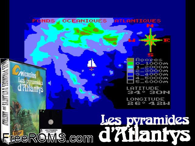 Pyramides d' Atlantis, Les (F) (1986) Amstrad CPC game showing 3D box cover and gameplay screenshot