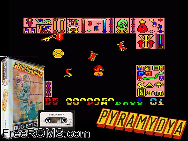 Pyramydya (UK) (1985) Amstrad CPC game showing 3D box cover and gameplay screenshot