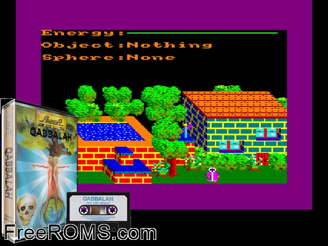 Qabbalah (UK) (1986) Amstrad CPC game showing 3D box cover and gameplay screenshot