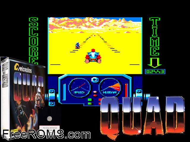 Quad (F) (1987) Amstrad CPC game showing 3D box cover and gameplay screenshot