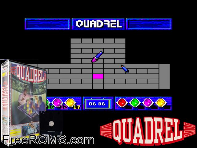 Quadrel (UK,F) (1991) Amstrad CPC game showing 3D box cover and gameplay screenshot