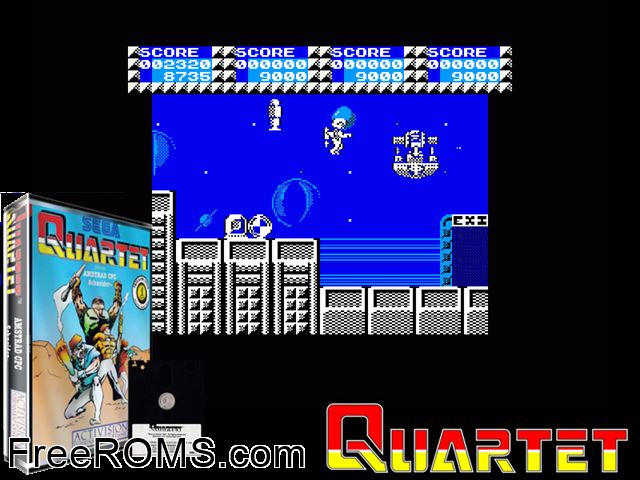 Quartet (UK) (1987) Amstrad CPC game showing 3D box cover and gameplay screenshot