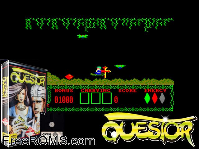 Questor (UK) (1985) Amstrad CPC game showing 3D box cover and gameplay screenshot