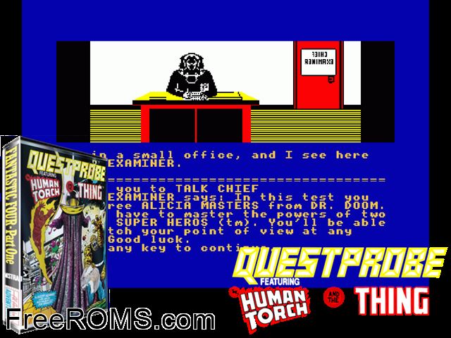 Questprobe 3 - Fantastic Four (UK) (1985) Amstrad CPC game showing 3D box cover and gameplay screenshot