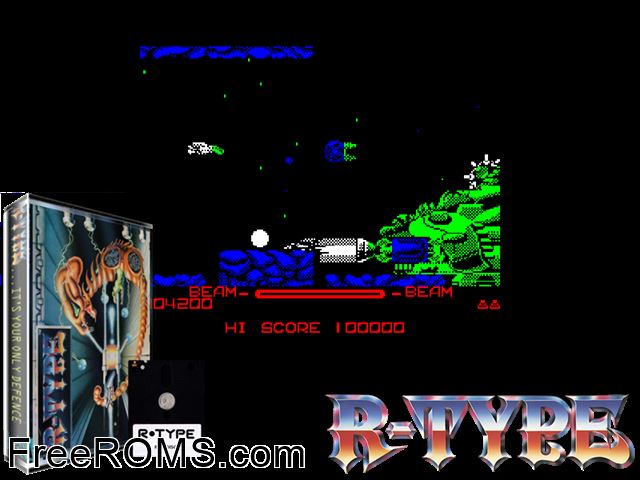 R-Type (UK) (1987) Amstrad CPC game showing 3D box cover and gameplay screenshot