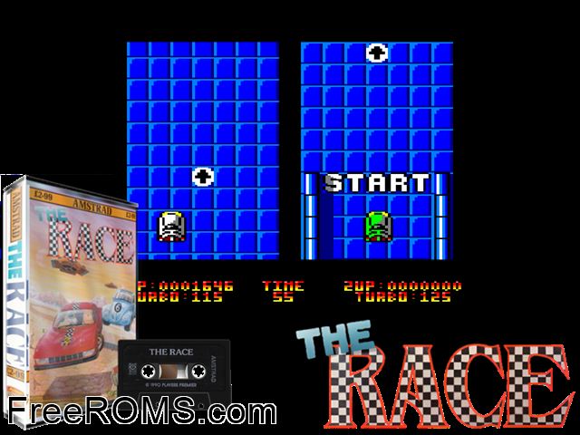 Race, The (UK) (1990) Amstrad CPC game showing 3D box cover and gameplay screenshot