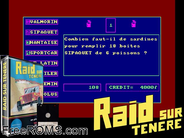 Raid sur Tenere (F) (1985) Amstrad CPC game showing 3D box cover and gameplay screenshot