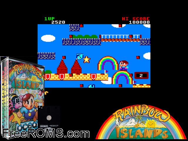 Rainbow Islands (UK) (1989) Amstrad CPC game showing 3D box cover and gameplay screenshot