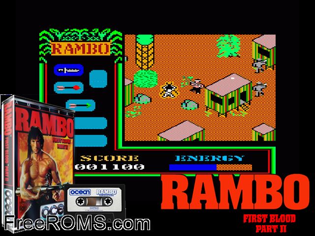Rambo - First Blood Part 2 (UK) (1986) Amstrad CPC game showing 3D box cover and gameplay screenshot