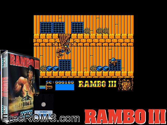 Rambo 3 (UK) (1988) Amstrad CPC game showing 3D box cover and gameplay screenshot