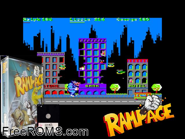 Rampage (UK) (1988) [a1] Amstrad CPC game showing 3D box cover and gameplay screenshot