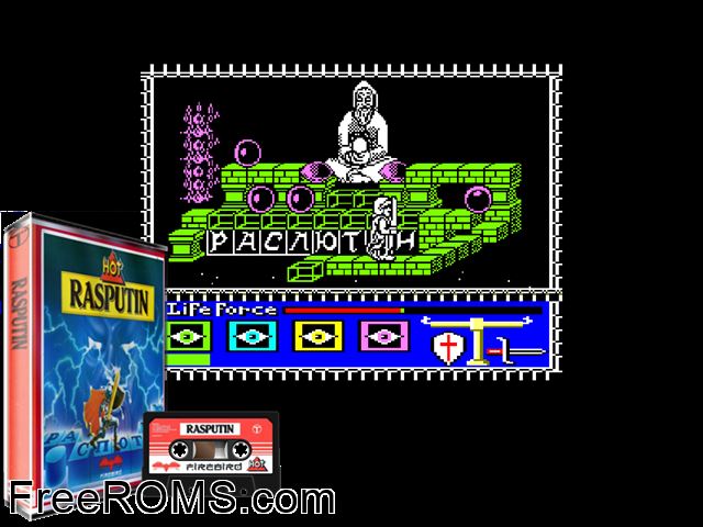 Rasputin (UK) (1986) Amstrad CPC game showing 3D box cover and gameplay screenshot