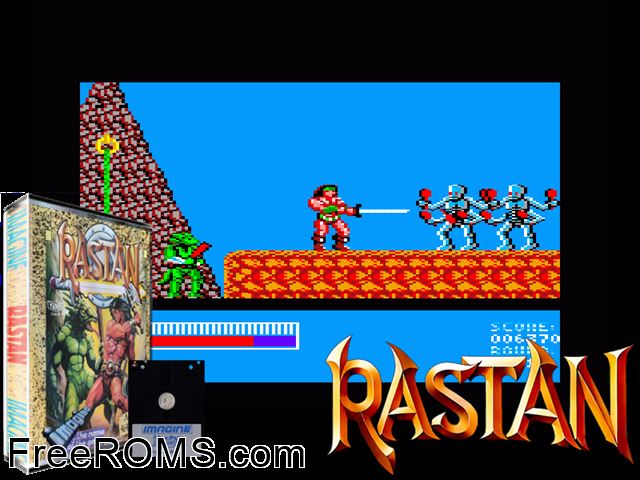 Rastan Saga (UK) (1988) (Disk 2 of 2) Amstrad CPC game showing 3D box cover and gameplay screenshot