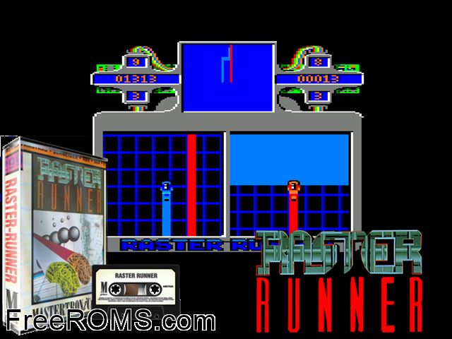 Raster Runner (UK) (1990) Amstrad CPC game showing 3D box cover and gameplay screenshot
