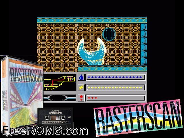 Rasterscan (UK) (1987) Amstrad CPC game showing 3D box cover and gameplay screenshot